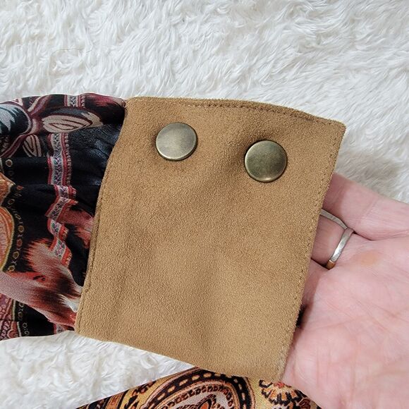 Vintage Fifteen-Twenty Silk Popover Blouse Multicolor Suede Cuffs Sz L USA Made - Picture 6 of 14